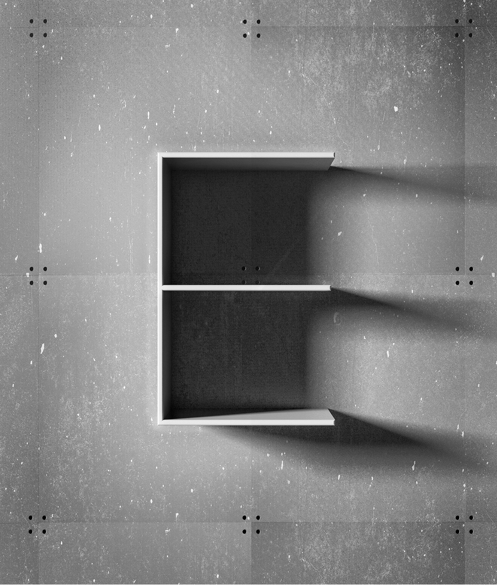 Minimalist grayscale image of a 3D letter E casting a shadow on a textured surface.