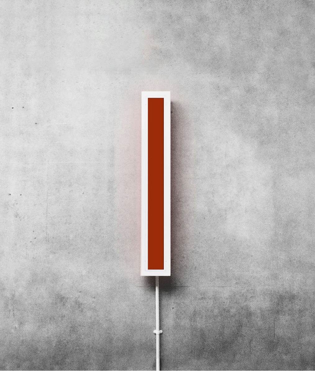 Vertical rectangular red neon light with white border mounted on a gray textured concrete wall with a white cable running downwards.