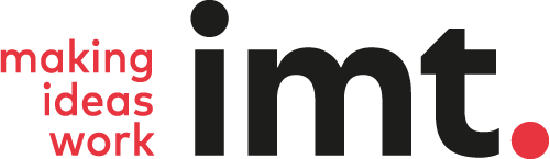 Logo with the phrase 'making ideas work' in red lowercase letters beside large black lowercase letters 'imt' ending with a red dot.
