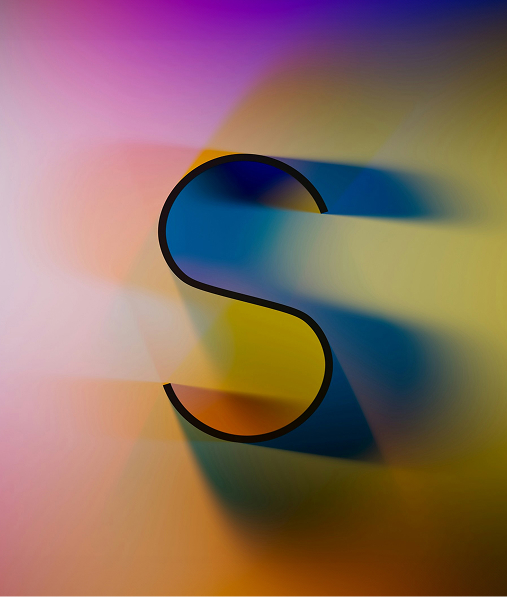 Black letter S casting colorful blue and yellow shadows on a gradient background with purple, pink, and orange hues.