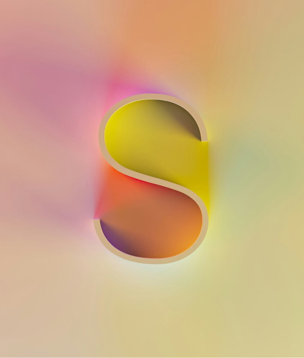 Stylized three-dimensional letter S casting colorful soft shadows on a gradient background.