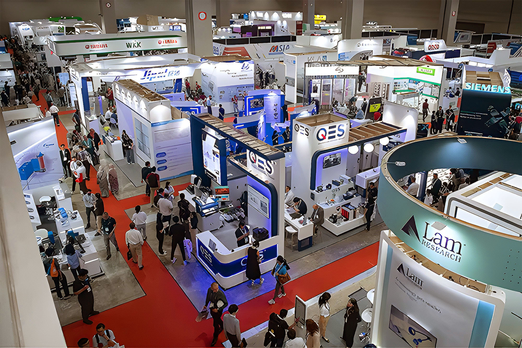 Overhead view of a busy trade show with multiple company booths and attendees walking around on red carpeted walkways.
